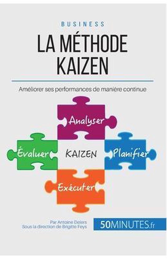 Livre business 'La Méthode Kaizen'. Quatre pièces de puzzle avec les mots 'Évaluer', 'Analyser', 'Planifier', 'Exécuter' autour de 'Kaizen'.