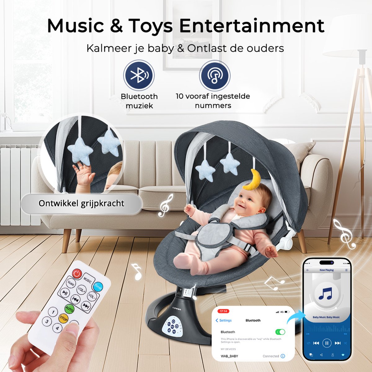 Elektrische Wipstoel - met Timer Afstandsbediening Bluetoothmusic - 5 Zwenksnelheden en 3 Zitposities - Babyschommel - Donkergrijs – foto 7