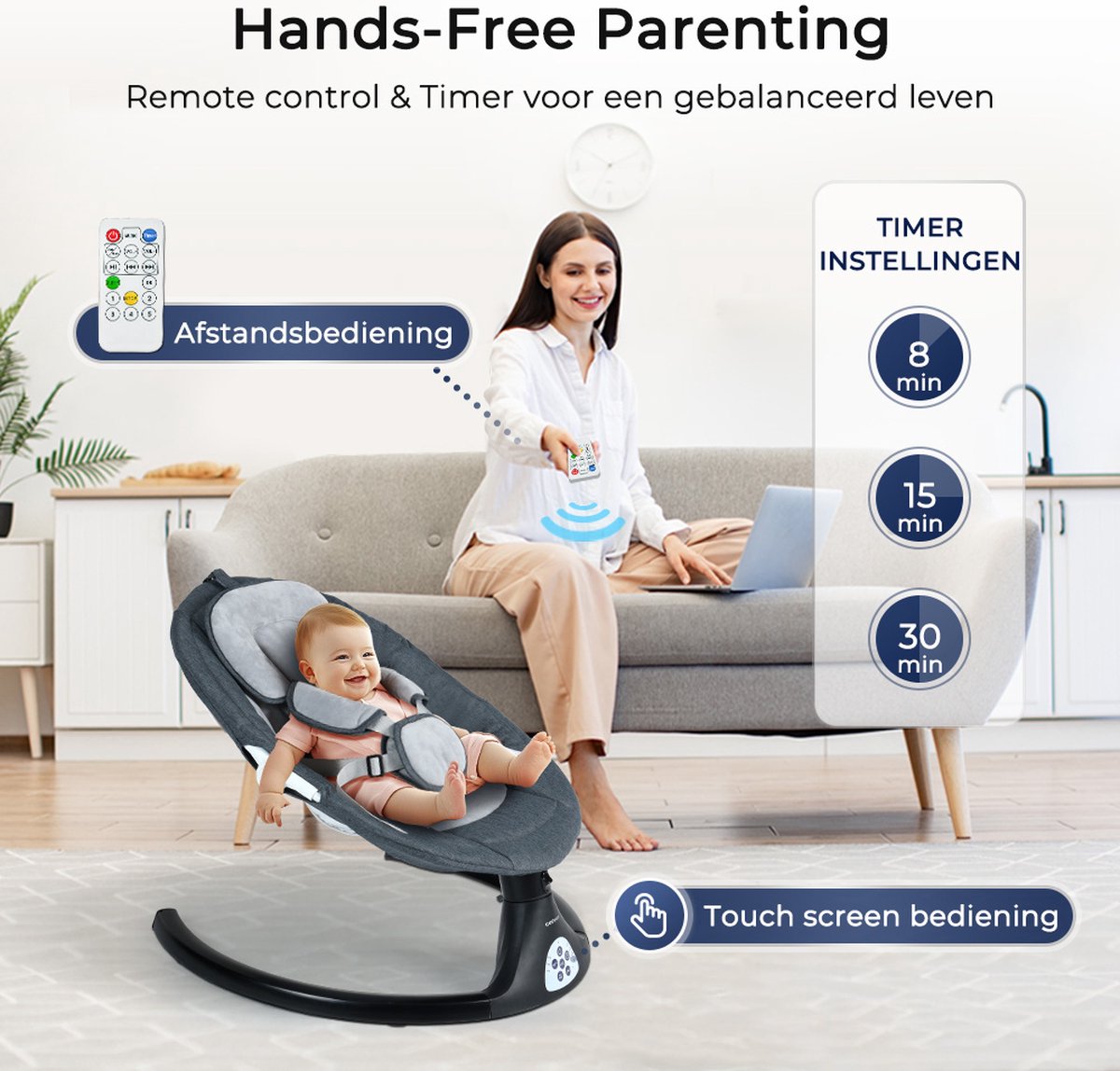 Elektrische Wipstoel - met Timer Afstandsbediening Bluetoothmusic - 5 Zwenksnelheden en 3 Zitposities - Babyschommel - Donkergrijs – foto 8