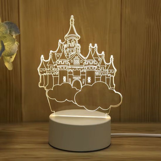 3D illusie LED lampje - Droomkasteel op wolken - Warm licht - Inclusief 230v stekker - Tafellamp - Sfeerlamp - Bureaulamp - Nachtlamp - Cadeautje - Kinderlamp - Decoratie - Geboorte - Verjaardag