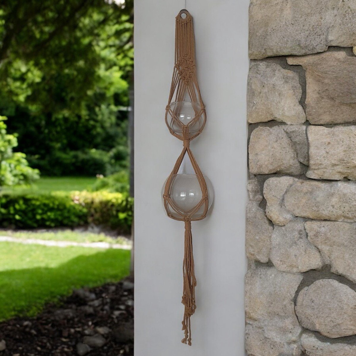 Macramé Plantenhanger voor 2 potten-Mosterd-125cm lang-handgemaakt-Boho stijl-Cadeau