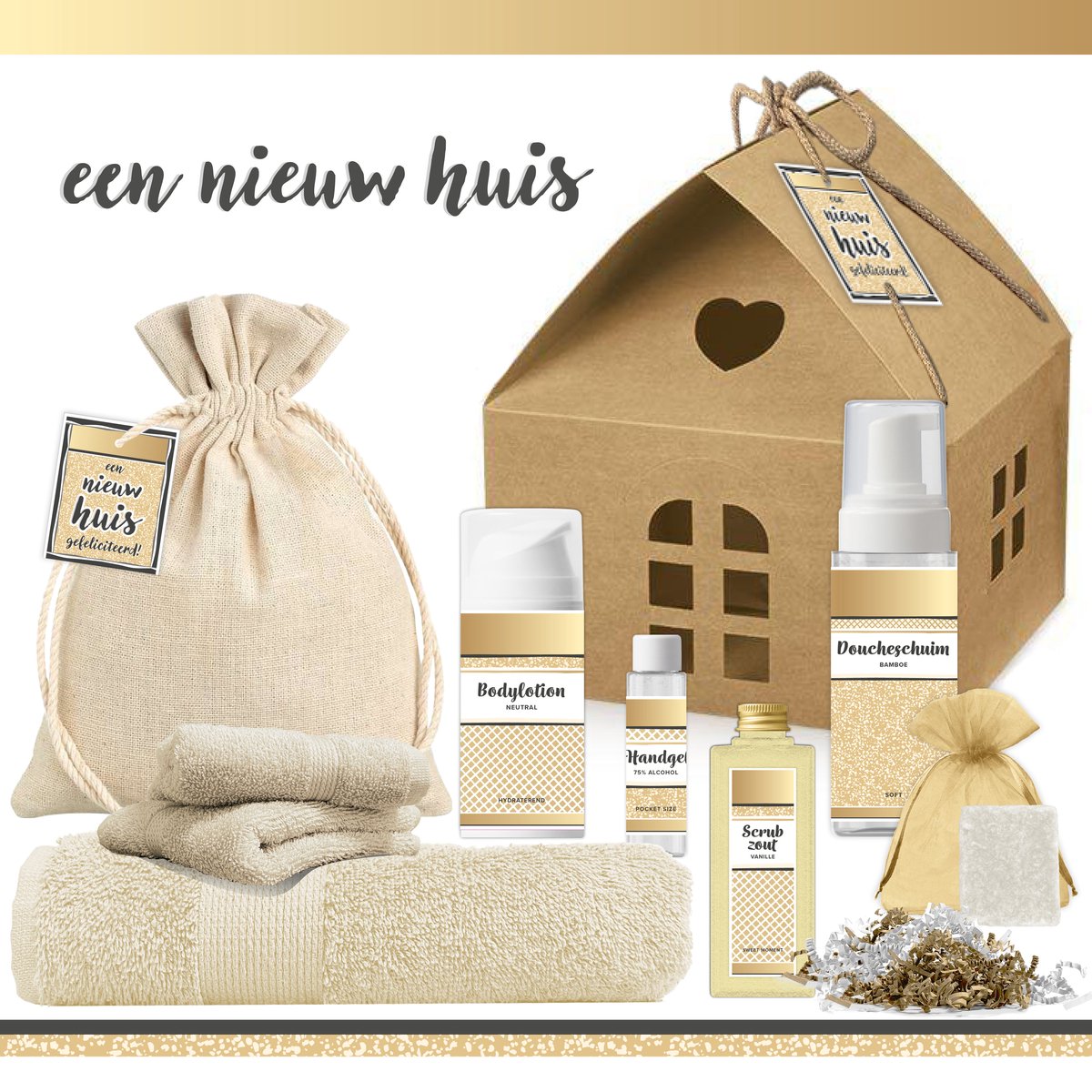 Goedkoopste Geschenkset “Een Nieuw Huis!” - 9 producten - 800 gram | Cadeau Vrouw - Cadeau Man - Een nieuwe woning - Wellness Giftset Deluxe - Pakket Groot strandlaken - Cadeau appartement - Verhuispakket - Giftset Badkamer Vrouw - Housewarming Party Gift - Goud