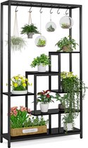 TRIBESIGNS Plantenrek - Plantenstandaard - Plantenrek voor binnen - Plantenrek met 5 niveaus en 10 S-haken - Zwart - 100 x 30 x 180 cm