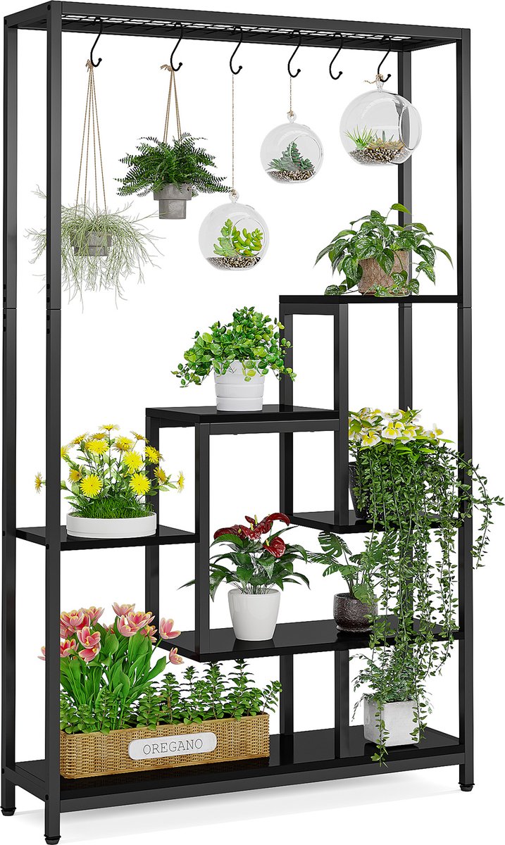 Tribesigns Plantenrek - Plantenstandaard - Plantenrek voor binnen - Plantenrek met 5 niveaus en 6 S-haken - Zwart - 100 x 30 x 180 cm
