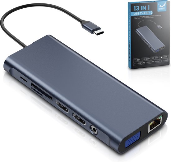 Silver Eagle® USB C Hub 3.0 met Splitter - 13 Poorten - 2x naar HDMI - 4x USB A - Docking Station Laptop & PC - Micro SD Kaart adapter