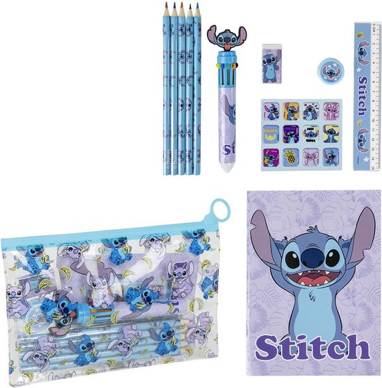 Stitch Etui met Inhoud Pen met Kleuren Stickers Potloden- 8 pieces