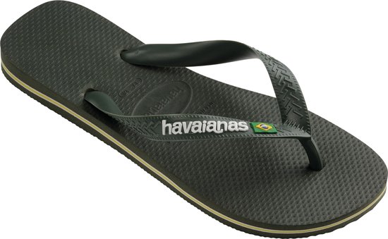 Donkergroene Havaianas slipper met Braziliaanse vlag op de band en gele, groene en blauwe zoolrand.
