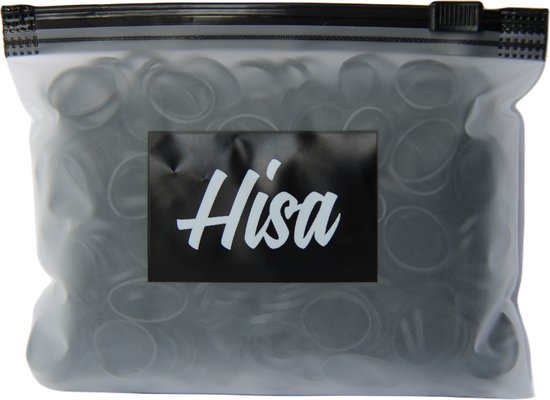 Een afsluitbare plastic zak gevuld met zwarte mini elastiekjes met een Hisa logo.