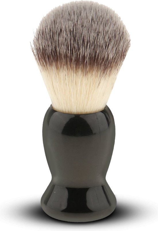 Zwarte scheerkwast met zachte, beige en bruine haren.