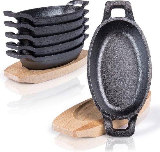 Foto: Amazy serveerpannen met houten onderzetters set van 6 gietijzeren pan voor gratineren bakken smoren braden en serveren van gerechten gietijzeren pan