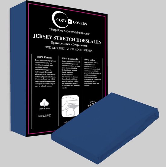 Cozy covers Jersey hoeslaken 100% katoen 90x200 cm - rondomelastiek + 30 cm matrasdikte - blauw
