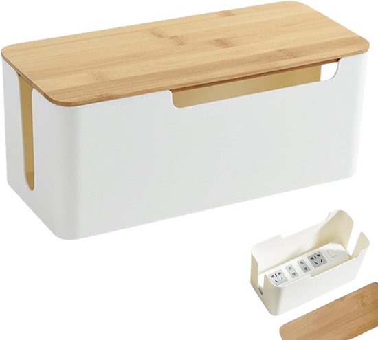 SENENQU 3er-Set Kabelbox Weiß, Große Kabel Organizer Box mit Holzdeckel für Kabel, Große und Kleine Kabelmanagement Box Adapter, Steckerleisten, Kabel Verstecken Box
