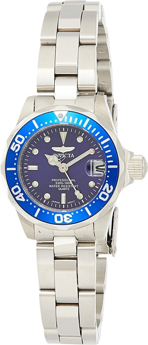 Invicta Pro Diver 9177 Dames Horloge - Waterdicht - Analoog - Quartz Uurwerk - Roestvrij Staal met blauwe Wijzerplaat - 24mm