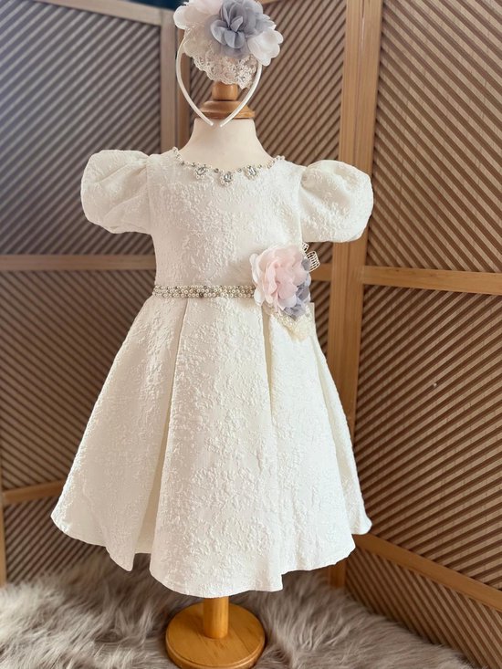 luxe feestjurk met haardiadeem-moderne jurk voor meisjes-galajurk-vintage jurk-effen feestjurk-bruiloft-foto-verjaardag-communie-parels-steentjes-bloemen-witte kleur-katoen-8 jaar