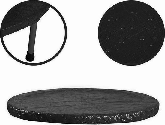 Zwarte ronde trampolinehoes met gedetailleerde close-ups van de stof en een poot.
