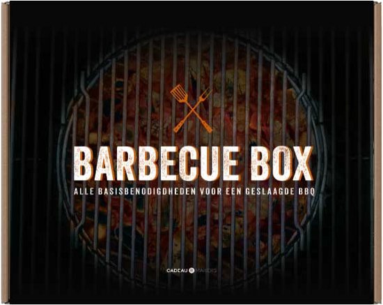 Doos met barbecuepakket 'Barbecue Box', met gegrilde pizza op de deksel.