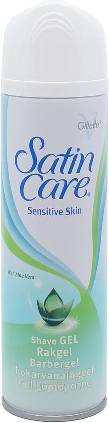 Gillette Satin Care scheergel voor gevoelige huid met aloë vera. Wit met blauwe en groene golven.