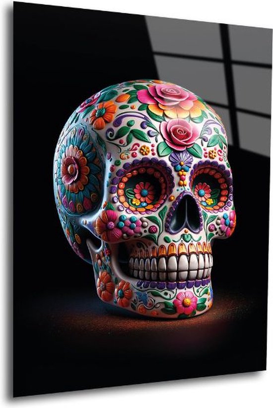 Indoorart - Glasschilderij Mexican Skull 60x90 CM - Afbeelding op plexiglas - Inclusief montagemateriaal