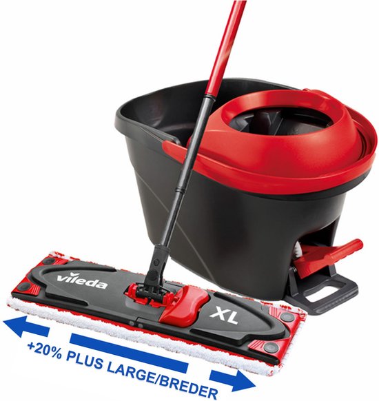 Mop Vileda Ultramax Turbo XL avec seau rouge et noir. La mop XL a des franges blanches et un cadre rouge.