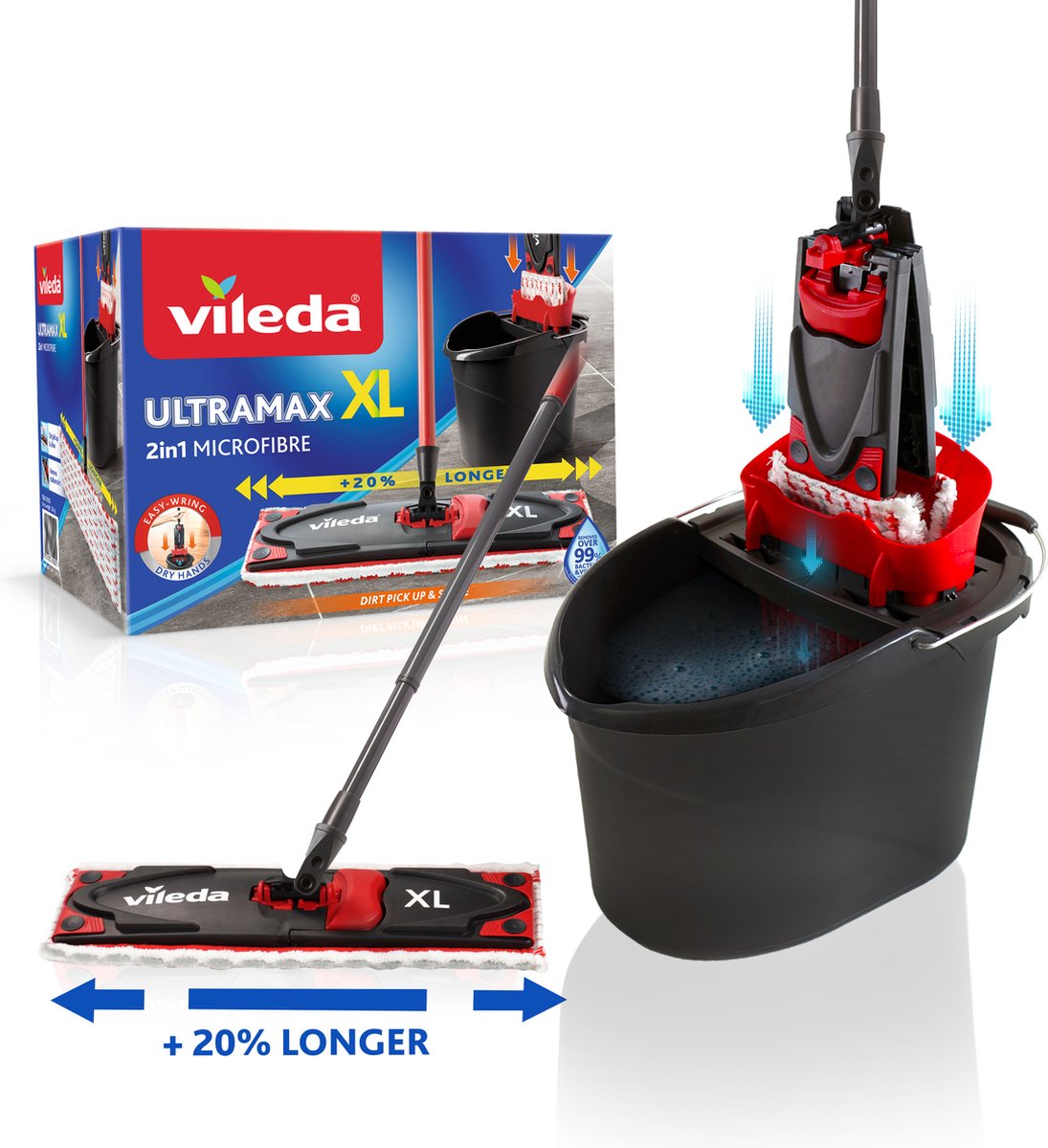 Goedkoopste Vileda Ultramax XL complete set met mop en emmer - Mopset met emmer - 20 langere kop - Voor alle harde vloeroppervlakken