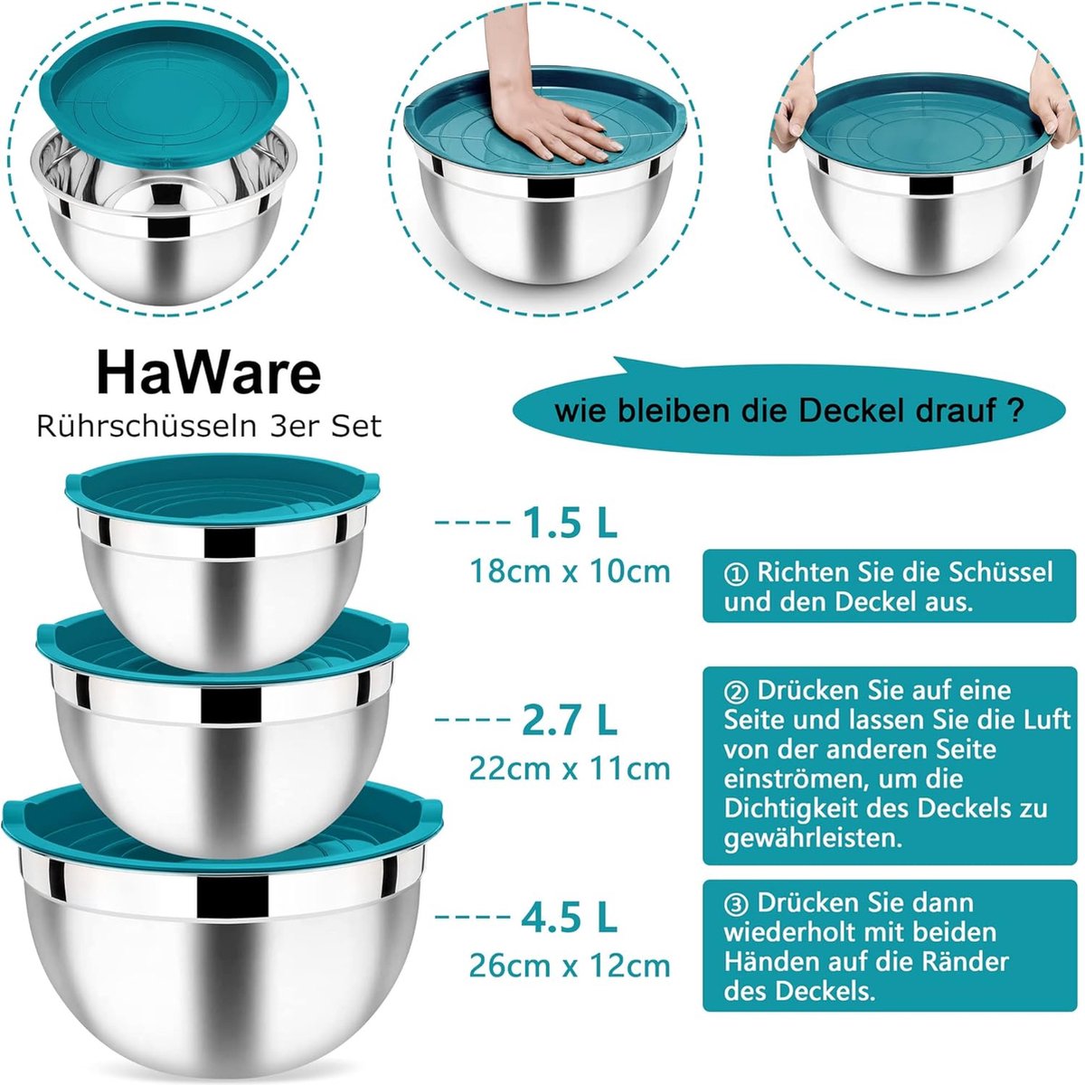 Mengkom roestvrij stalen kom slakom 3-delige set met luchtdicht deksel perfect voor bakken koken stapelbaar en vaatwasmachinebestendig 4 5 l 2 7 l 1 5 l blauw