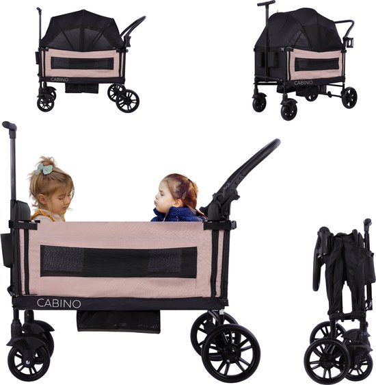 Cabino Waggie Bolderkar Opvouwbaar Met 2 Zitjes – Inclusief Duwstang, Trekbeugel & Drinkbeker – Max. 44 kg - Zwart / Taupe