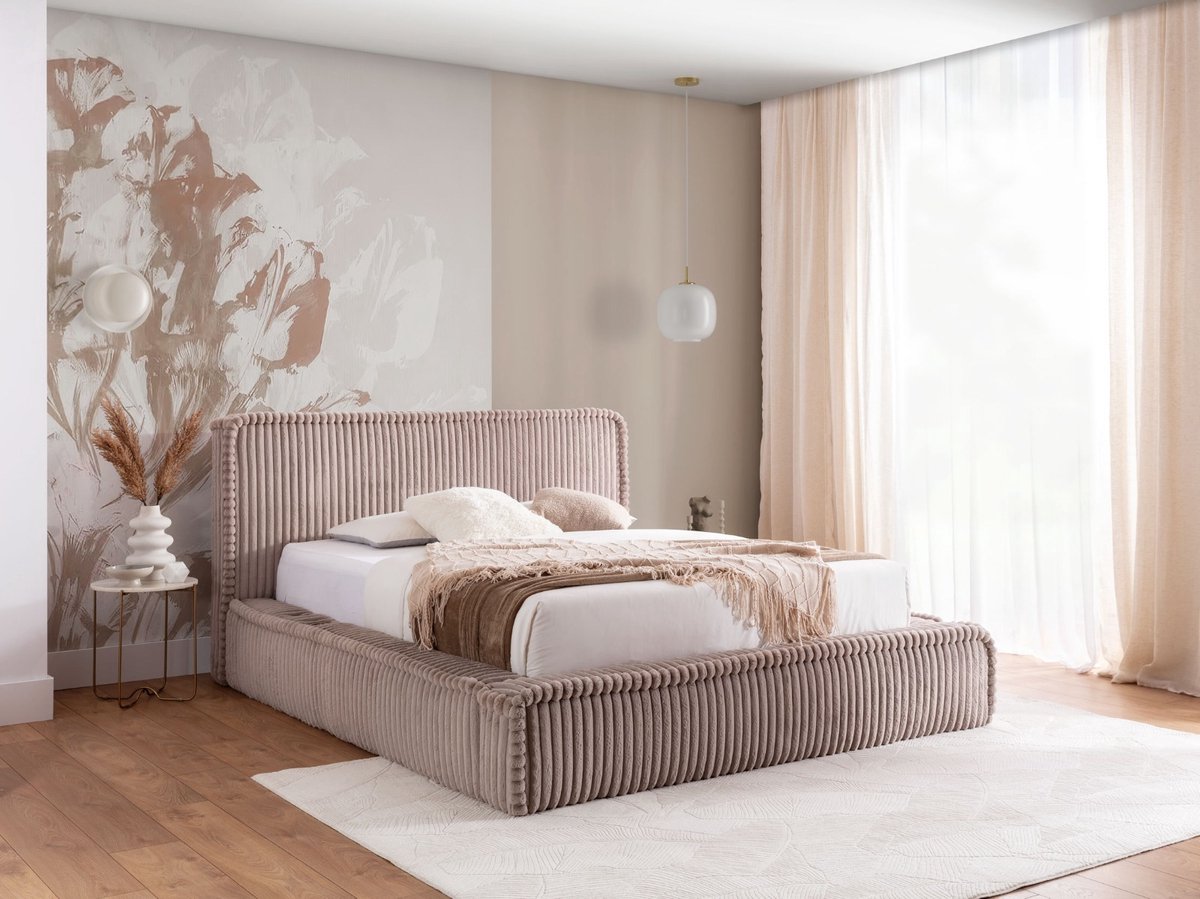 bed midas 160x200- dik ribfluweel taupe- boxspring met opbergruimte- zonder matras- zetelsenbedden