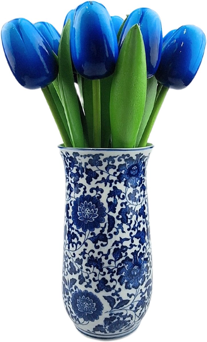 Delftsblauwe vaas met 10 tulpen in kleur blauw/wit (hoogte 34cm)