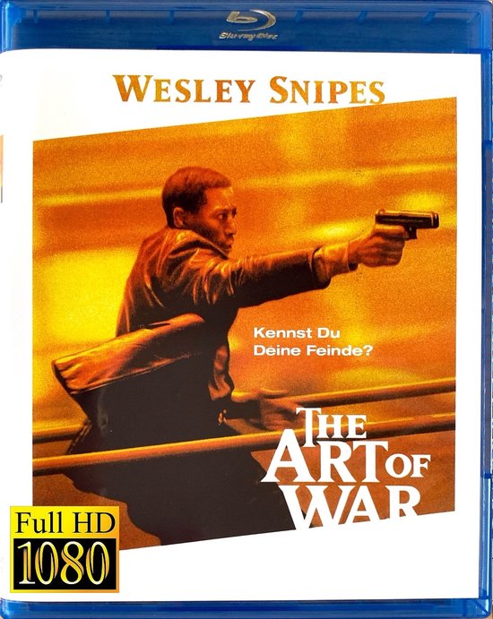 Blu-ray cover "The Art of War" met Wesley Snipes die een wapen vasthoudt. Tekst: "Kennst Du Deine Feinde?" en "Full HD 1080".