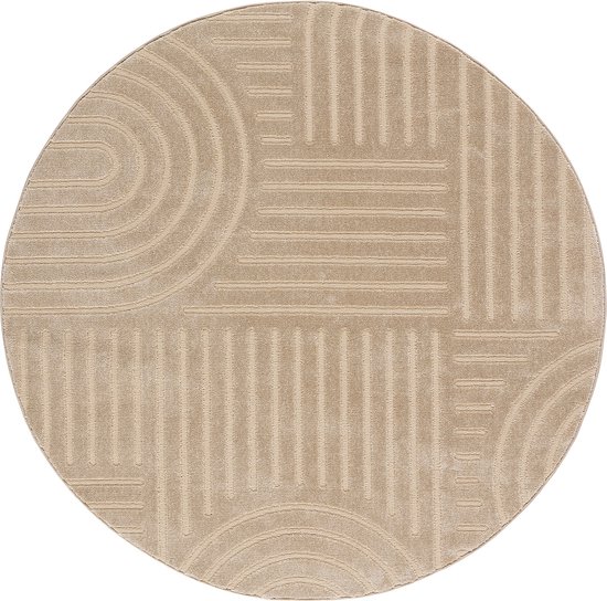 Tapis Poils Ras, Cercle, Salon, Boho Géométrique -Beige - Ø160 cm (Rond) - Tapis Moderne Super Doux