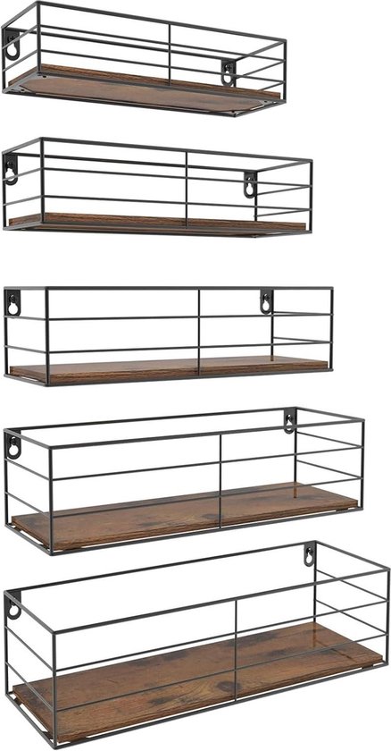 Wooden Rek Wandrek set van 5 zwevend rek - rustieke houten plank - zwart metaal ...