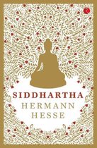 De kaft van het boek "Siddhartha" van Hermann Hesse toont een gouden silhouet van een mediterende Boeddha op een witte achtergrond, omringd door een gouden bladerpatroon met rode bloemetjes.