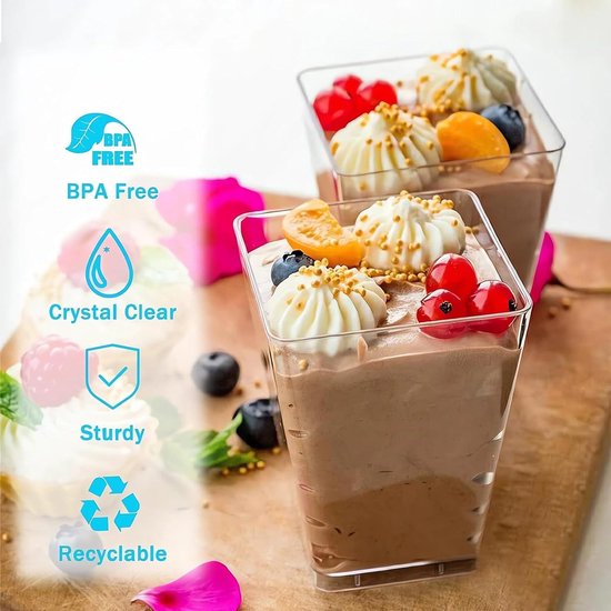 50 stuks dessertbekers van kunststof, 160 ml dessertschaalset, met 50 soeplepels, doe-het-zelf dessertkommen van plastic, herbruikbaar voor mousse, pudding, ijs, voor buffetten, dessertfeest, picknick