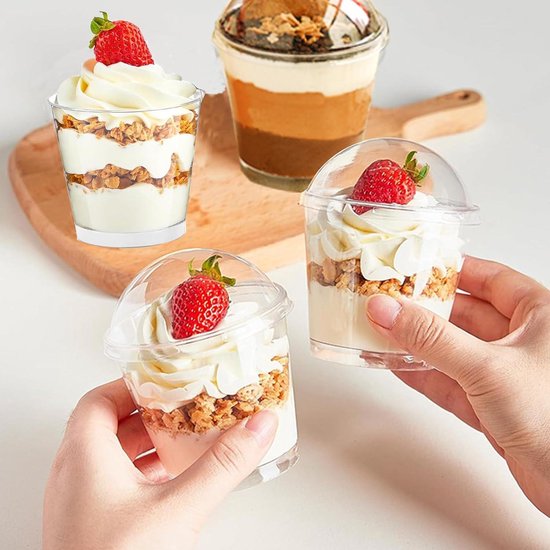 50 Gobelets à Dessert Transparents 210ml + 50 Cuillères - Plastique PC Réutilisable - Pour Pudding, Mousse, Fêtes