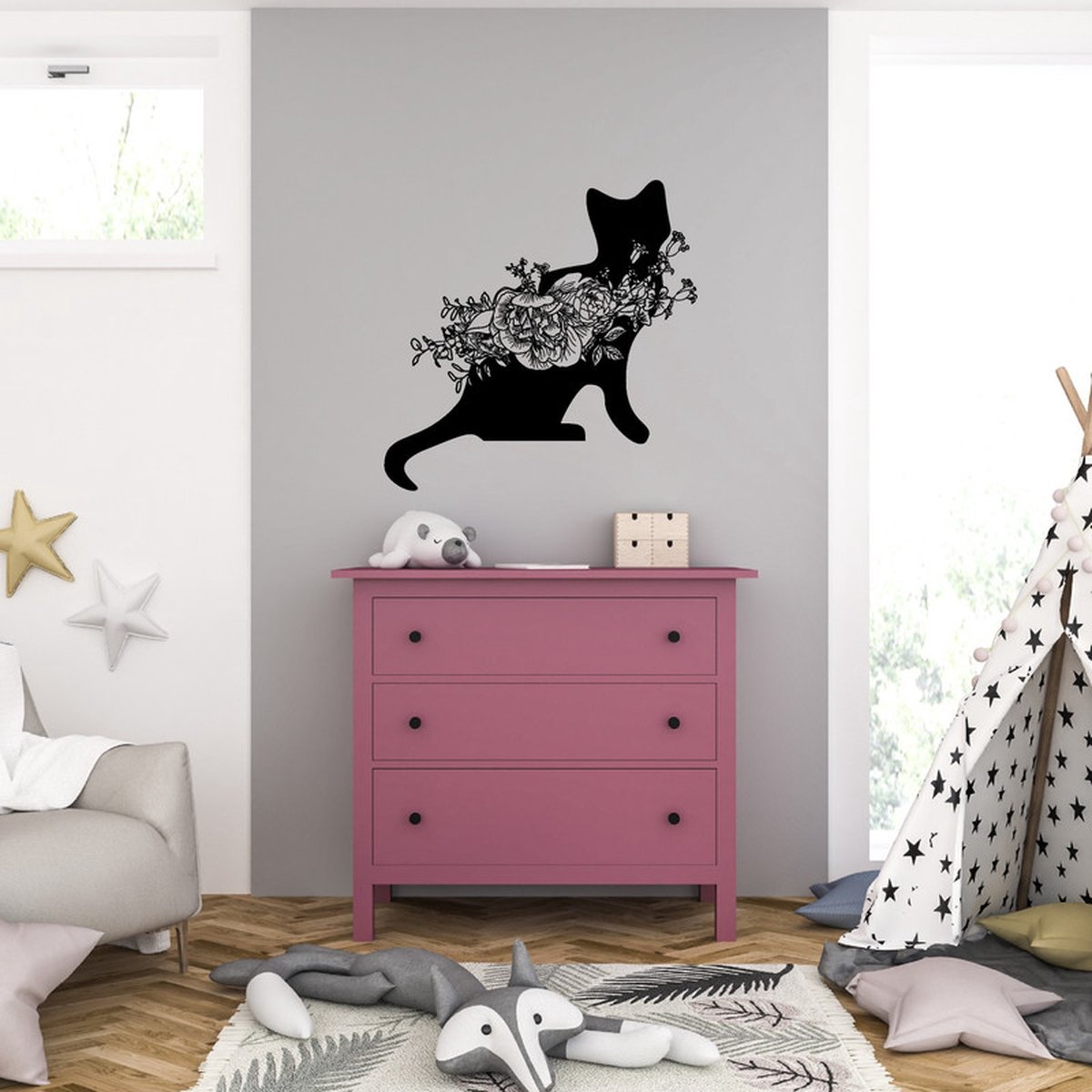 Muursticker - Kat - 58 x 58 - Zwart