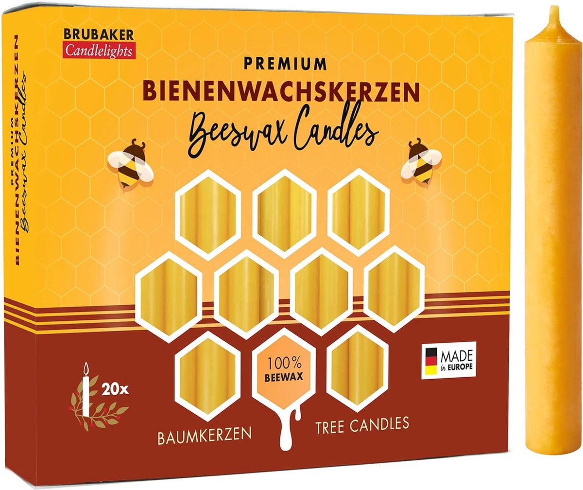 BRUBAKER 200 Stuks Boomkaarsen - 100% Bijenwas - Kerstkaarsen - Piramidekaarsen - Kerstboomkaarsen - Kaarsen - Kaarsjes - 95/12.5 mmHoninggeel