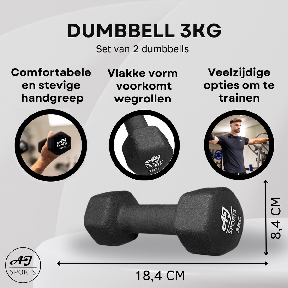 AJ-Sports Dumbells 3 kg - 2 x 3 kg dumbell - Gewichten - Dumbells set - Gewichten set - Halterset - Fitness gewichten - Krachttraining - Fitness – foto 2