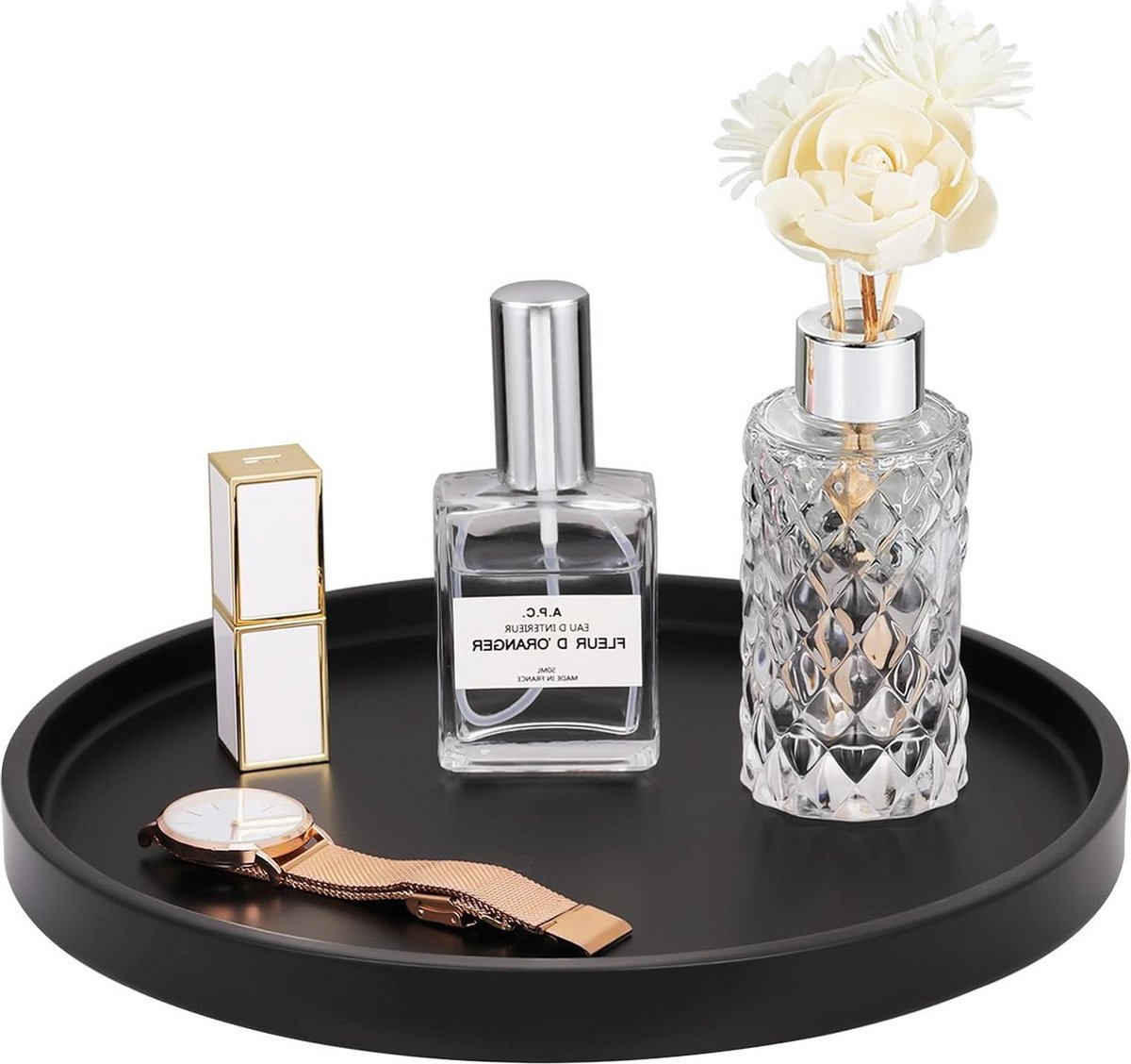 Vanity Tray Decorative Storage Organizer - Resin Round Tray for Bathroom Toilet Tank - Bedroom Kitchen Countertop Jewelry Storage Dresser Tray - CandleLotion BottleCosmetics Matte Black