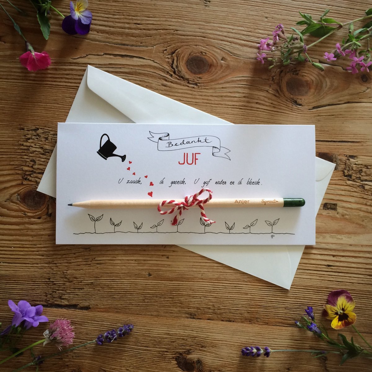 Kaart met bloeipotlood voor de juf;  juffenbedankje, jufcadeau, cadeautje, kado, school, bedankje, bedankt, afscheid, potlood, groeipotlood.
