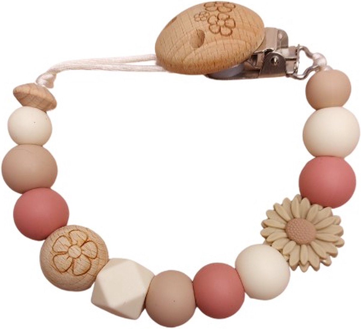 Goedkoopste Baby-kidsvilla, Siliconen speenkoord meisje Daisy donker beige, uniek handgemaakt kraamcadeau