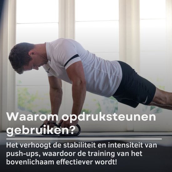 Een man doet een push-up met zwarte opdruksteunen. Tekst op de afbeelding: 'Waarom opdruksteunen gebruiken?'