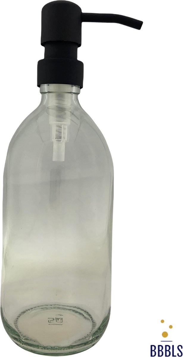 BBBLS Design Dispenser "Blanco" | Transparant Glas | 500ml | RVS / Metaal Pomp Zwart | Zeeppomp | Zeepdispenser | Zeephouder