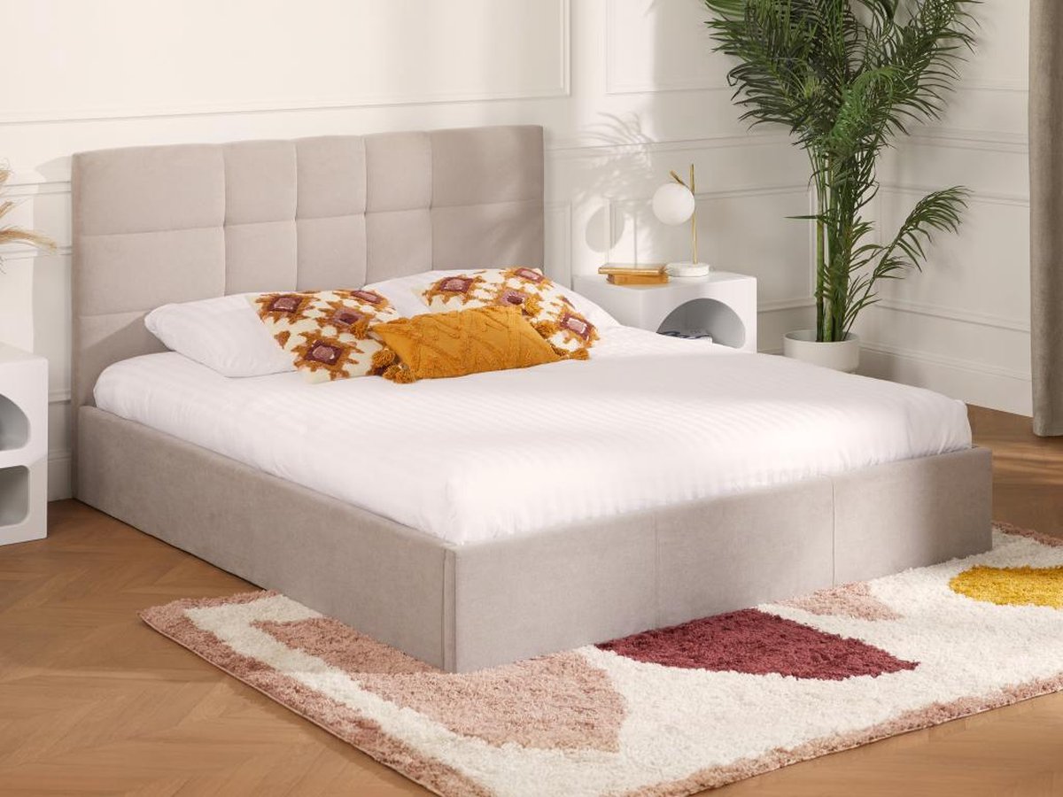 Vente-unique Bed met opbergruimte stof beige 180 x 200 cm (Super King Size Bed)