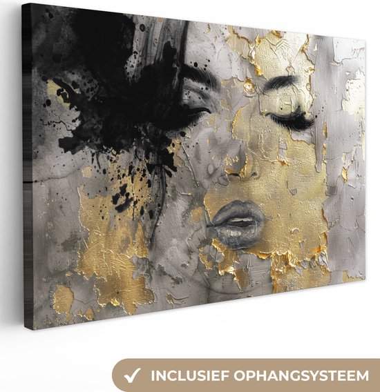 Canvas schilderij 120x80 cm - Wanddecoratie Vrouw - Kunst - Goud - Zwart - Muurdecoratie woonkamer - Kamer decoratie modern - Abstracte schilderijen