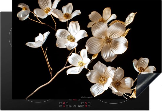 KitchenYeah® Protection plaque induction 76x51.5 cm - Fleurs - Blanc - Or - Protege plaque de cuisson - Couvre plaque induction - Protecteur d'induction - Cuisine