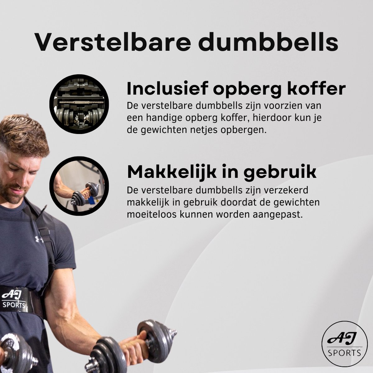 AJ-Sports Verstelbare Dumbell set 20kg - Gewichten - 2 x 10kg - Gewichten set - Halterset - Fitness gewichten - Krachttraining - Fitness - Inclusief handige opberg box – foto 4