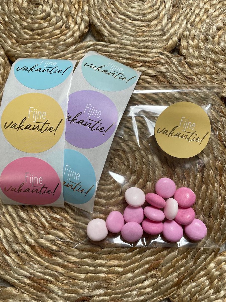 25 Uitdeelzakjes / Traktatie zakjes + 25 XL Stickers Fijne vakantie - Pastel kleuren - 5 assorti - Goud / Goudfolie - Hartje | School traktaties - Cellofaan zakjes - Transparant - Afscheid | Peuterspeelzaal - Kinderopvang - Bedrijf | DH collection