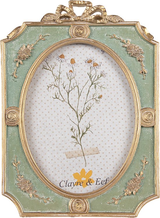 Cadre photo doré avec relief vert, décorations florales et illustration d'une plante.