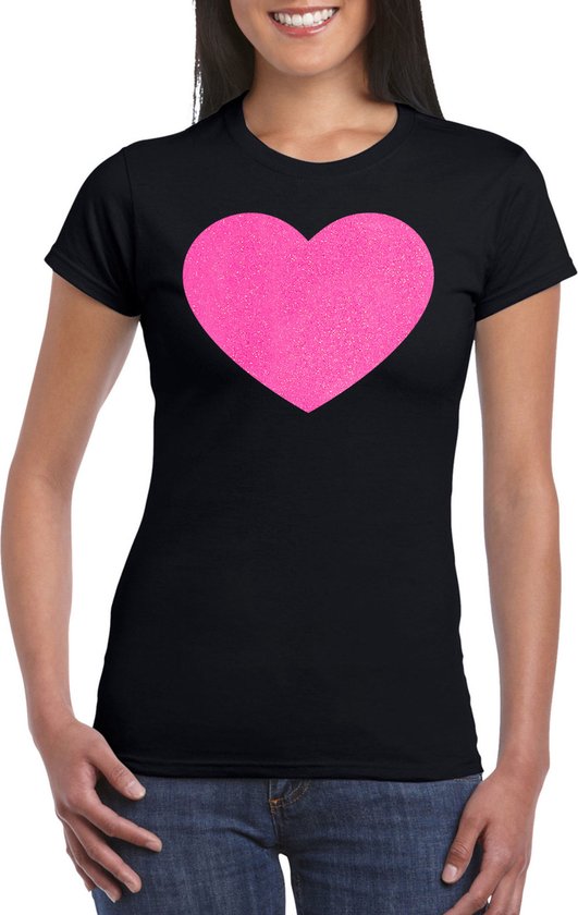 Bellatio Decorations Verkleed T-shirt voor dames - hart - zwart - roze glitter - carnaval/themafeest XS