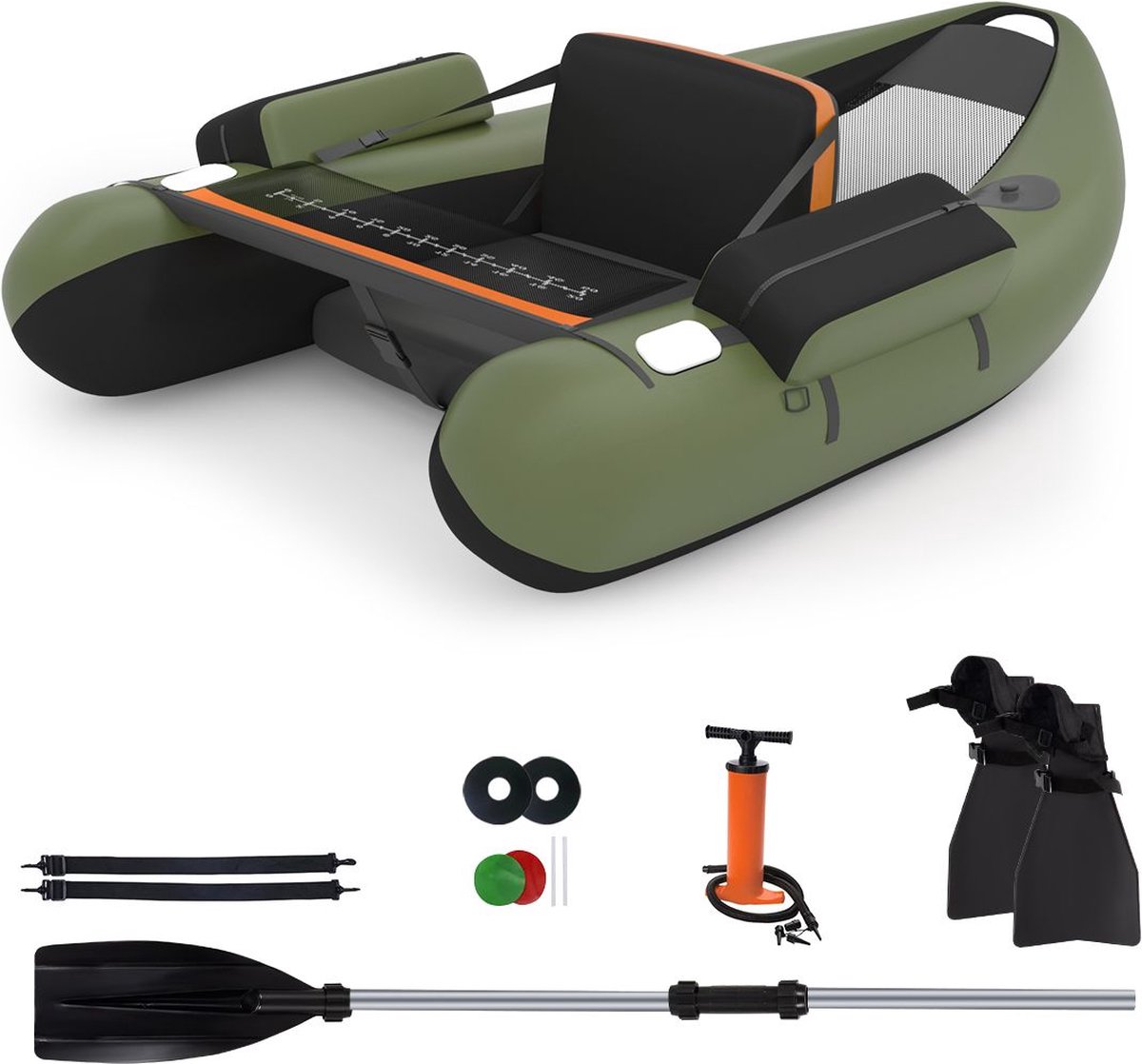 Trendmix Opblaasbare Lichtgewicht Belly Boat Groen 136 x 105 x 53 cm - Bellyboat 160 kg Draagvermogen - Inclusief Peddel en Flippers